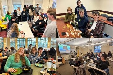 four photos of students in classrooms and the dining hall
